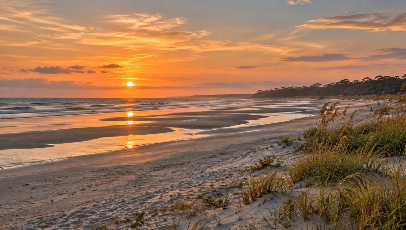 Sunset at low tide over a wide, flat beach, with sea oats in the foreground and a tree line along the shore