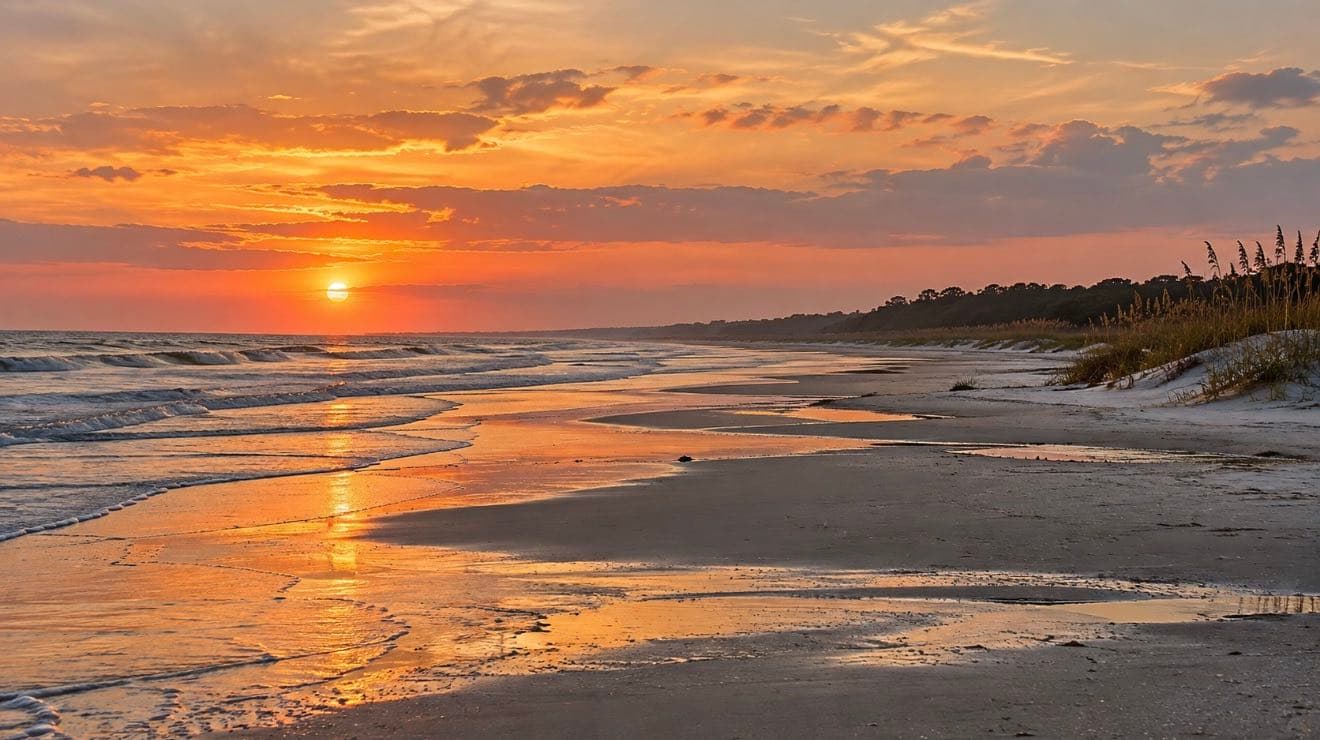 Sunset over the surf, wet sand reflecting the sky beside a dune with sea oats