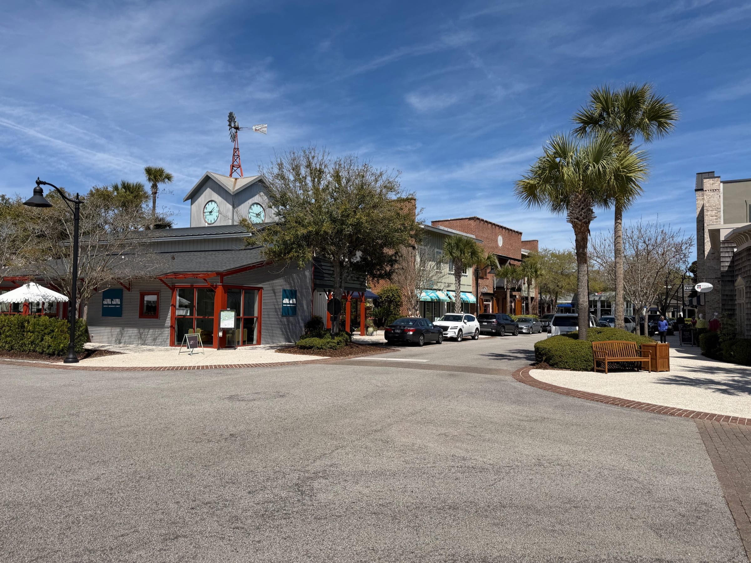 Freshfields Village shops and palmettos on Johns Island