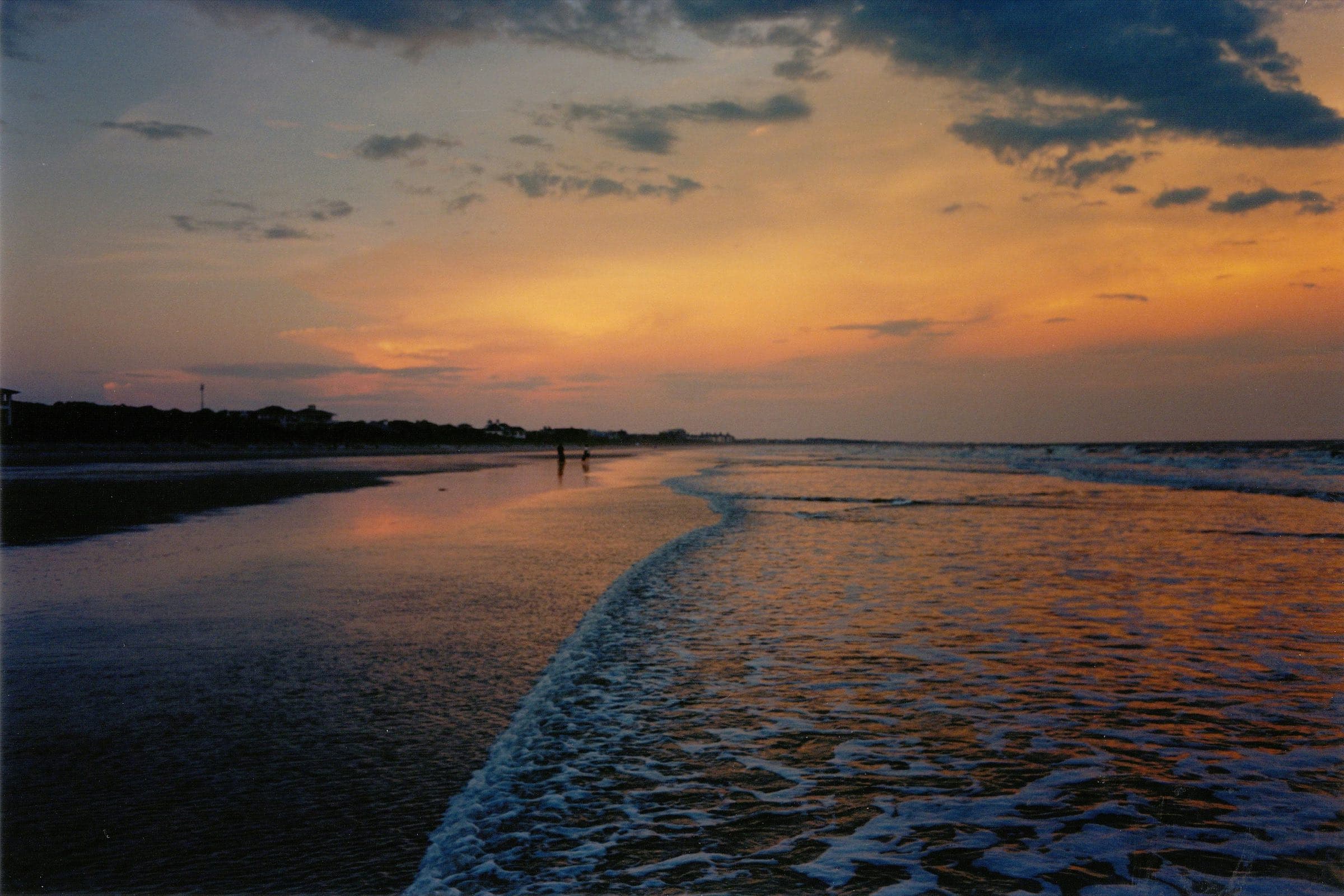 Sunset over the wide, flat beach on Kiawah Island