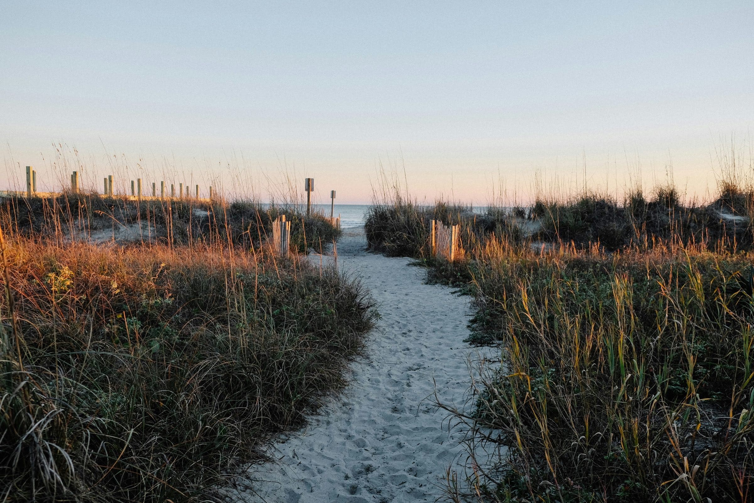 Sand path through dune grass to the beach at dusk