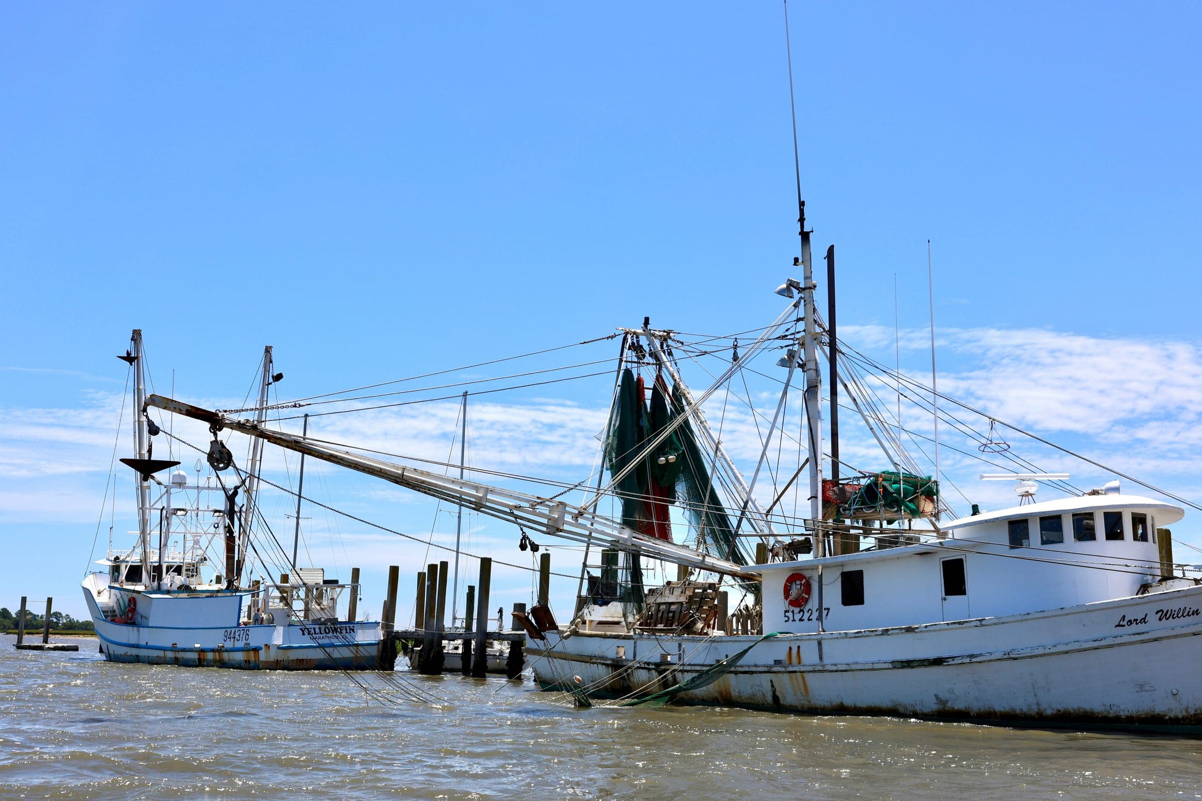 Shrimp trawlers tied up at a working dock
