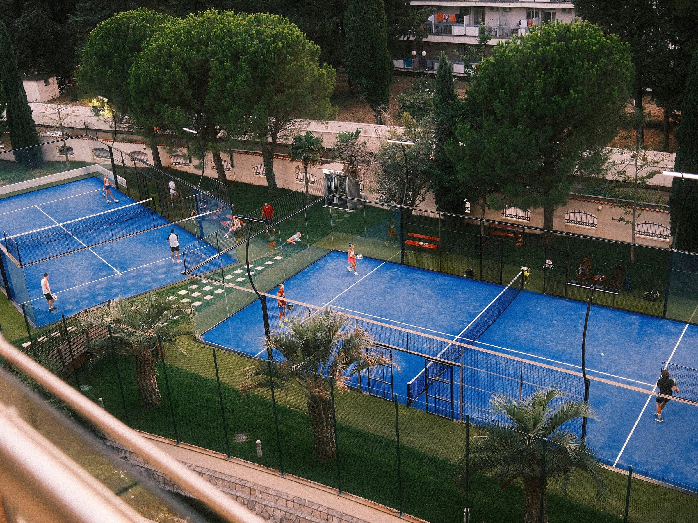 Players on blue outdoor padel courts among palms and pines